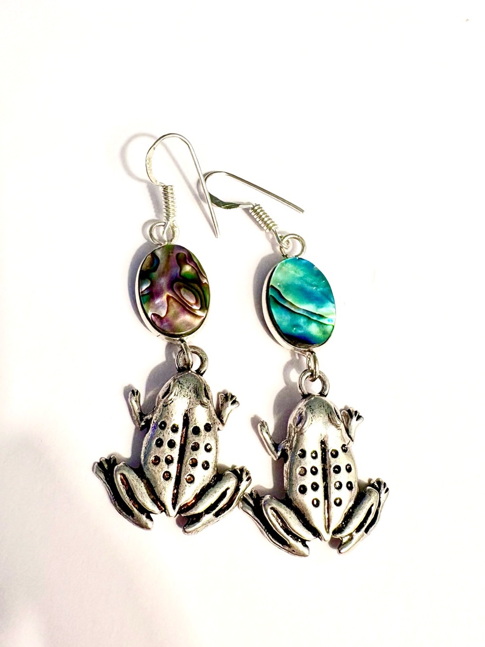 Fun, 2 1/2 inch, Abalone Shell with Frogs on the bottom, earrings.